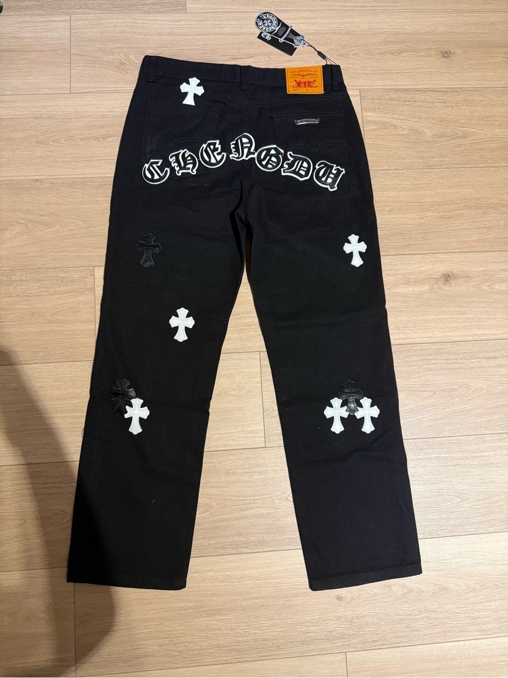 Chrome Hearts Black Jeans with White Cross Appliqués - Picture 2 of 3